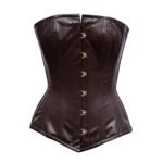 Cioccolato Antico — Women's Dark Espresso Brown Faux Leather Sweetheart Overbust Corset Bustier Top with Antique Copper-Tone Front Stud Button Closure Stitched Panel Detail Boned Lace-Up Back Gothic Burlesque Vintage Classic Costume Shapewear