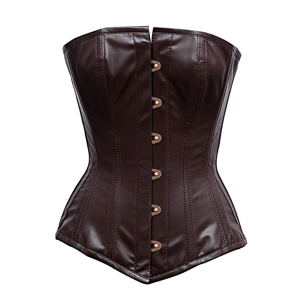 C36 Cioccolato Antico — Women's Dark Espresso Brown Faux Leather Sweetheart Overbust Corset Bustier Top with Antique Copper-Tone Front Stud Button Closure Stitched Panel Detail Boned Lace-Up Back Gothic Burlesque Vintage Classic Costume Shapewear - Image 1