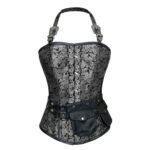 Argento Oscuro — Women's Silver Grey Black Jacquard Brocade & Faux Leather Halter Neck Overbust Corset Bustier Top with Silver-Tone Skull Clasp Detachable Mini Pouch Pocket Buckle Strap Detail Boned Lace-Up Gothic Steampunk Victorian Dark Fantasy Costume Shapewear