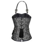 Argento Oscuro — Women's Silver Grey Black Jacquard Brocade & Faux Leather Halter Neck Overbust Corset Bustier Top with Silver-Tone Skull Clasp Detachable Mini Pouch Pocket Buckle Strap Detail Boned Lace-Up Gothic Steampunk Victorian Dark Fantasy Costume Shapewear - Image 2