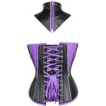 Domina Viola — Women's Jet Black & Royal Purple Faux Leather Two-Tone Zip-Up Overbust Corset Bustier Top with Detachable High Neck Collar O-Ring Detail Boned Waist Cincher Gothic Punk Edgy Party Costume Shapewear - Image 2