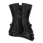 Ferro Oscuro — Women's Jet Black Faux Leather Sweetheart Overbust Corset Bustier Top with Silver-Tone Double Hook Clasp Front Closure Wide Belt Buckle Waist Detail Boned Lace-Up Back Gothic Punk Biker Edgy Dark Fantasy Costume Shapewear - Image 2
