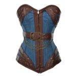 Avventuriero — Women's Denim Blue & Dark Brown Faux Leather Two-Tone Sweetheart Overbust Corset Bustier Top with Antique Brass-Tone Chain Stud Rivet Brown Belt Buckle Detail Boned Lace-Up Back Steampunk Western Cowboy Vintage Costume Shapewear