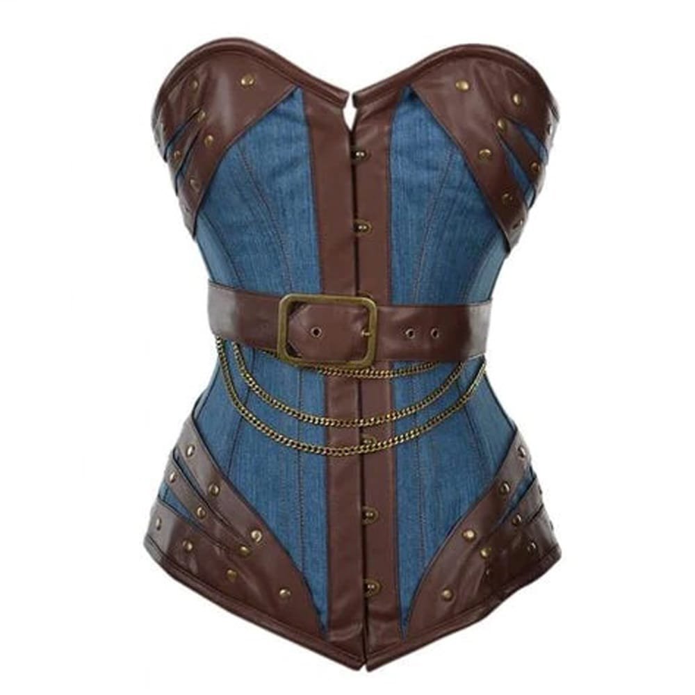 C42 Avventuriero — Women's Denim Blue & Dark Brown Faux Leather Two-Tone Sweetheart Overbust Corset Bustier Top with Antique Brass-Tone Chain Stud Rivet Brown Belt Buckle Detail Boned Lace-Up Back Steampunk Western Cowboy Vintage Costume Shapewear - Image 1