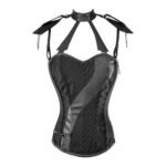 Imbracatura Nera — Women's Jet Black Faux Leather & Mesh Two-Tone Sweetheart Overbust Corset Bustier Top with Detachable Shoulder Harness Strap High Neck Collar Zip Side Panel Detail Boned Lace-Up Back Gothic Punk Dark Fantasy Edgy Costume Shapewear