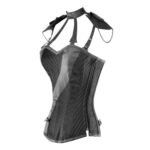 Imbracatura Nera — Women's Jet Black Faux Leather & Mesh Two-Tone Sweetheart Overbust Corset Bustier Top with Detachable Shoulder Harness Strap High Neck Collar Zip Side Panel Detail Boned Lace-Up Back Gothic Punk Dark Fantasy Edgy Costume Shapewear - Image 2