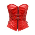 Fiamma Ribelle — Women's Crimson Red Faux Leather Sweetheart Overbust Corset Bustier Top with Silver-Tone Front Zip Closure Double Buckle Strap D-Ring Stud Rivet Detail Boned Lace-Up Back Gothic Punk Biker Edgy Bold Statement Costume Shapewear