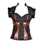 Contessa Vapore — Women's Jet Black Jacquard Brocade & Tan Brown Faux Leather Sweetheart Overbust Corset Bustier Top with Ruffle Cap Sleeve Shrug Brass-Tone Buckle Belt Harness Strap Detail Boned Lace-Up Back Steampunk Victorian Vintage Costume Shapewear