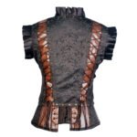Contessa Vapore — Women's Jet Black Jacquard Brocade & Tan Brown Faux Leather Sweetheart Overbust Corset Bustier Top with Ruffle Cap Sleeve Shrug Brass-Tone Buckle Belt Harness Strap Detail Boned Lace-Up Back Steampunk Victorian Vintage Costume Shapewear - Image 2