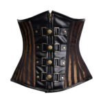 Meccanico — Women's Jet Black & Bronze Brown Faux Leather Striped Underbust Waist Cincher Corset with Antique Brass-Tone Double Buckle Strap Detail Front Zip-Up Boned Steampunk Gothic Victorian Costume Shapewear