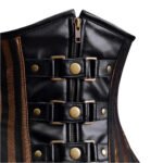 Meccanico — Women's Jet Black & Bronze Brown Faux Leather Striped Underbust Waist Cincher Corset with Antique Brass-Tone Double Buckle Strap Detail Front Zip-Up Boned Steampunk Gothic Victorian Costume Shapewear - Image 2