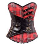Ribelle Scozzese — Women's Red Black Tartan Plaid & Faux Leather Two-Tone Sweetheart Overbust Corset Bustier Top with Antique Brass-Tone Buckle Strap Pocket Detail Side Zip-Up Boned Punk Rock Gothic Steampunk Costume Shapewear