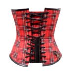 Ribelle Scozzese — Women's Red Black Tartan Plaid & Faux Leather Two-Tone Sweetheart Overbust Corset Bustier Top with Antique Brass-Tone Buckle Strap Pocket Detail Side Zip-Up Boned Punk Rock Gothic Steampunk Costume Shapewear - Image 2