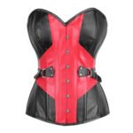 Fuoco Oscuro — Women's Jet Black & Crimson Red Faux Leather Two-Tone Sweetheart Overbust Corset Bustier Top with Silver-Tone Stud Button D-Ring Buckle Strap Detail Lace-Up Back Boned Gothic Punk Rock Edgy Party Shapewear