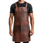 Artigiano Grembiule — Men's Vintage Distressed Cognac Brown Genuine Full-Grain Cowhide Leather Heavy-Duty Adjustable Cross-Back Strap Multi-Pocket Chef Barber Blacksmith Woodworker Workshop Utility Apron