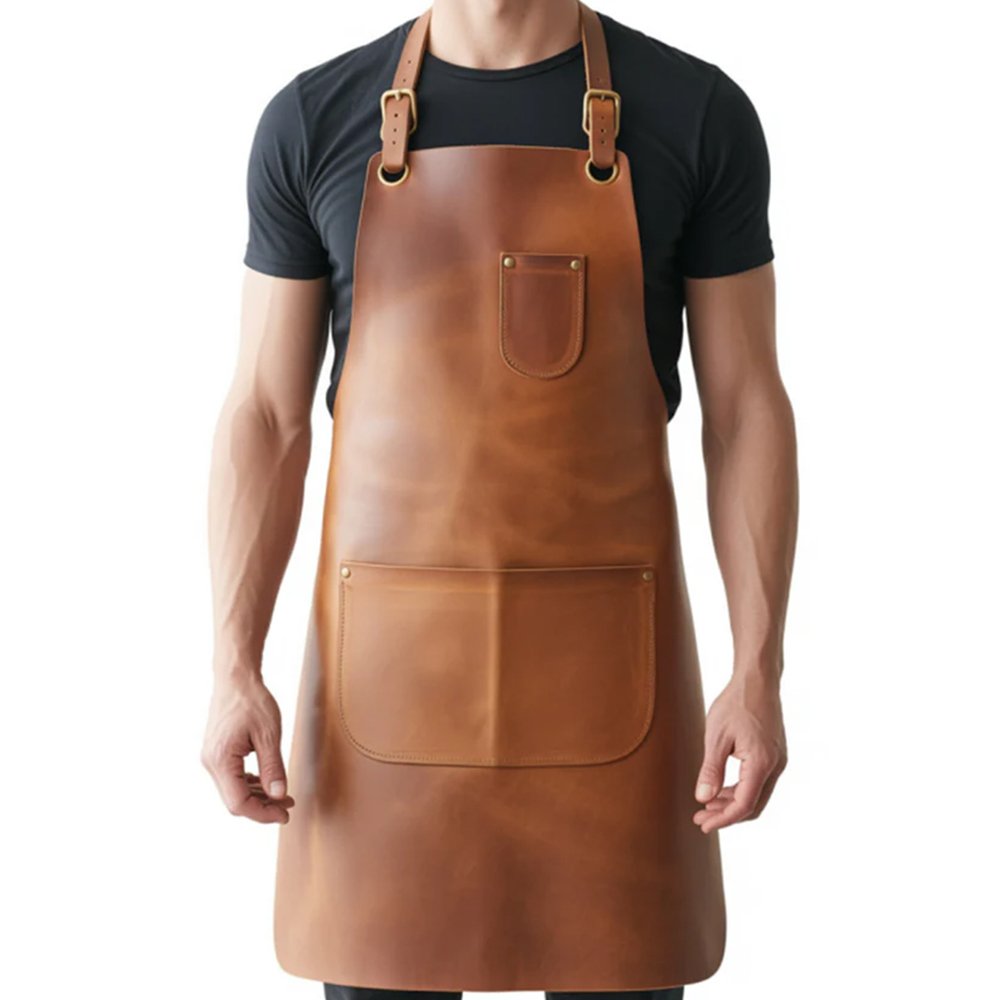 D13 Caldo Maestro — Men's Warm Caramel Tan Genuine Full-Grain Cowhide Leather Heavy-Duty Adjustable Cross-Back Natural Strap Polished Silver-Tone Buckle Chest Pocket Large Front Multi-Pocket Chef Barber Blacksmith Craftsman Professional Workshop Utility Apron - Image 1