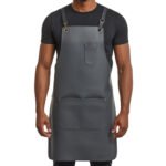 Grigio Forgiato — Men's Slate Charcoal Grey Genuine Waxed Full-Grain Cowhide Leather Heavy-Duty Adjustable Cross-Back Strap Antique Bronze-Tone Ring Buckle Chest Pen Pocket Dual Lower Multi-Pocket Chef Barber Blacksmith Craftsman Rugged Workshop Utility Apron