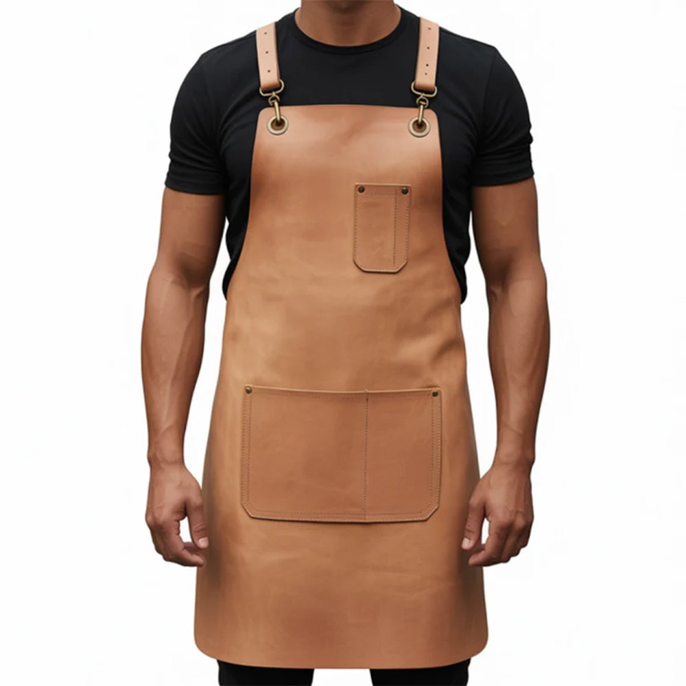 D17 Chiaro Nobile — Men's Light Natural Buff Tan Genuine Full-Grain Cowhide Leather Heavy-Duty Adjustable Cross-Back Strap Antique Brass D-Ring Buckle Chest Pocket Large Front Multi-Pocket Chef Barber Blacksmith Craftsman Elegant Professional Workshop Utility Apron - Image 1