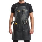 Nero Officina — Men's Jet Black Genuine Waxed Full-Grain Cowhide Leather Heavy-Duty Adjustable Cross-Back Strap Black Matte-Tone Buckle Chest Pocket Triple Tool Pocket Large Lower Dual Multi-Pocket Chef Barber Blacksmith Mechanic Carpenter Craftsman Heavy Workshop Utility Apron