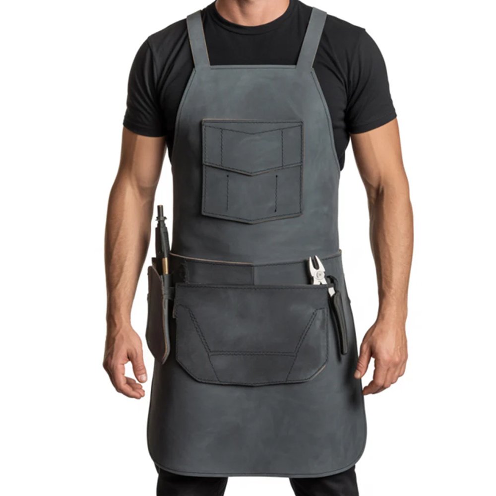 D25 Acciaio Tattico — Men's Gunmetal Steel Grey Genuine Waxed Full-Grain Cowhide Leather Heavy-Duty Adjustable Straight Cross-Back Strap Dark Gunmetal-Tone Buckle Large Chest Flap Pocket Zipper Side Pocket Dual Lower Tool Multi-Pocket Mechanic Chef Barber Blacksmith Carpenter Craftsman Tactical Heavy-Duty Workshop Utility Apron - Image 1