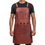 Mastro Bottega — Men's Rich Burgundy Mahogany Genuine Full-Grain Cowhide Leather Heavy-Duty Adjustable Cross-Back Strap Zip Chest Pocket Multi-Tool Pocket Chef Barber Woodworker Craftsman Professional Workshop Utility Apron