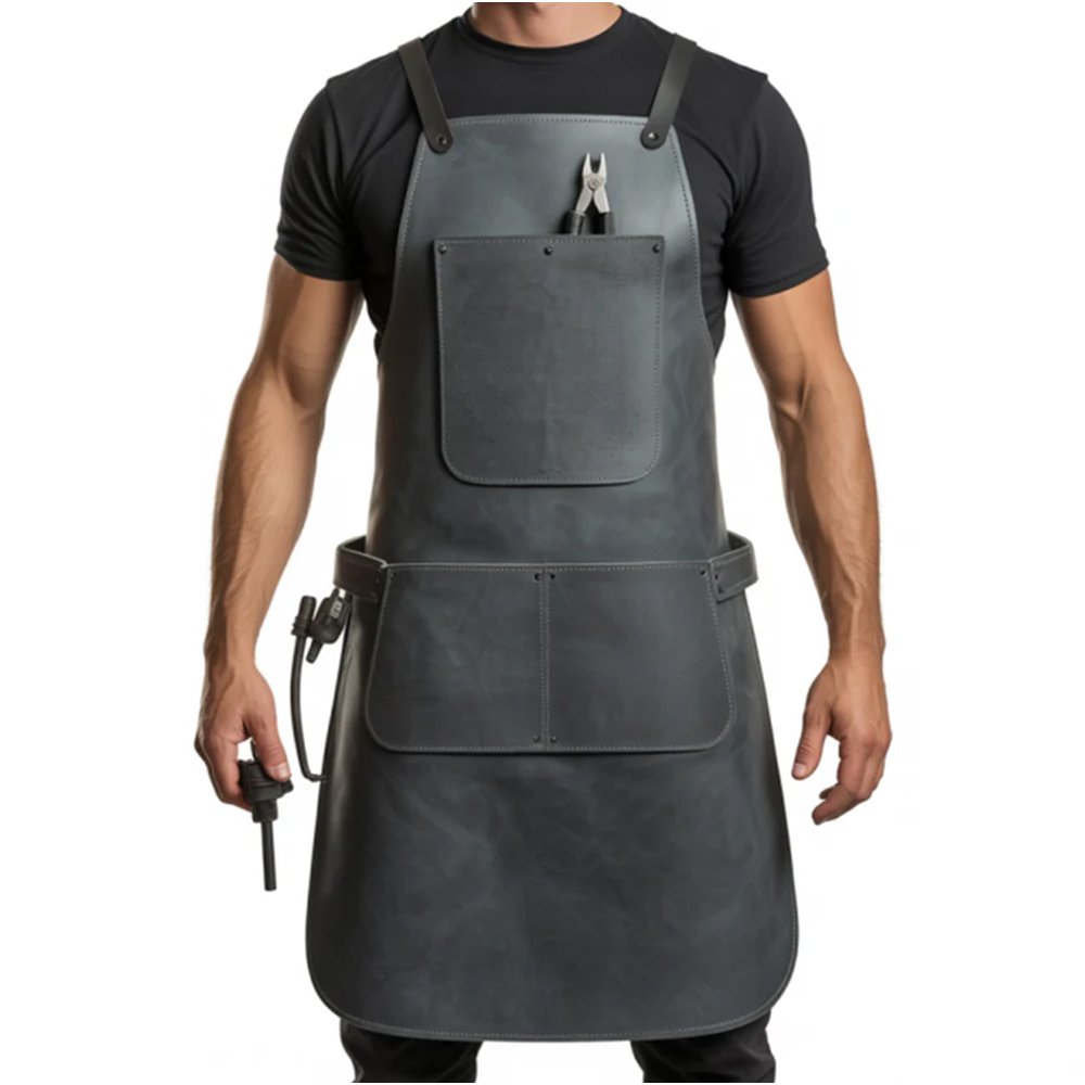 D31 Grafite Guardiano — Men's Dark Charcoal Graphite Grey Genuine Waxed Thick Full-Grain Cowhide Leather Heavy-Duty Adjustable Cross-Back Grey Leather Strap Dark-Tone Buckle Chest Tool Pocket Plier Holder Side Hammer Loop Large Lower Front Pocket Mechanic Chef Barber Blacksmith Carpenter Craftsman Rugged Heavy-Duty Workshop Utility Apron - Image 1