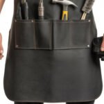 Tattico Arsenale — Men's Dark Olive Military Green Grey Genuine Waxed Full-Grain Cowhide Leather Heavy-Duty Adjustable Straight Cross-Back Strap Snap-Button Shoulder Fastening Six-Slot Upper Tool Panel Screwdriver Holder Plier Pocket Hammer Loop Brush Slot Large Lower Front Pocket Mechanic Carpenter Electrician Blacksmith Craftsman Tactical Heavy-Duty Professional Workshop Utility Apron - Image 2