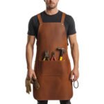 Castagno Artigiano — Men's Rich Chestnut Cognac Brown Genuine Distressed Full-Grain Cowhide Leather Heavy-Duty Adjustable Cross-Back Strap No-Buckle Leather Tie Fastening Triple Lower Tool Pocket Plier Holder Hammer Loop Screwdriver Slot Large Center Panel Carpenter Blacksmith Woodworker Mechanic Craftsman Rugged Distressed Professional Workshop Utility Apron