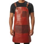 Fuoco Bottega — Men's Burnt Sienna Red Tan Genuine Full-Grain Cowhide Leather Heavy-Duty Adjustable Cross-Back Strap Brass-Tone Buckle Clip Chest Pocket Multi-Pocket Chef Barber Blacksmith Craftsman Professional Workshop Utility Apron