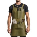 Oliva Militare — Men's Army Olive Military Khaki Green Genuine Smooth Full-Grain Cowhide Leather Heavy-Duty Adjustable Straight Cross-Back Strap Clean Bib Front Large Lower Front Pocket Garden Glove Holder Scissor Slot Brush Loop Hand Tool Pocket Gardener Florist Horticulturist Craftsman Chef Barber Military-Inspired Structured Professional Outdoor Workshop Utility Apron