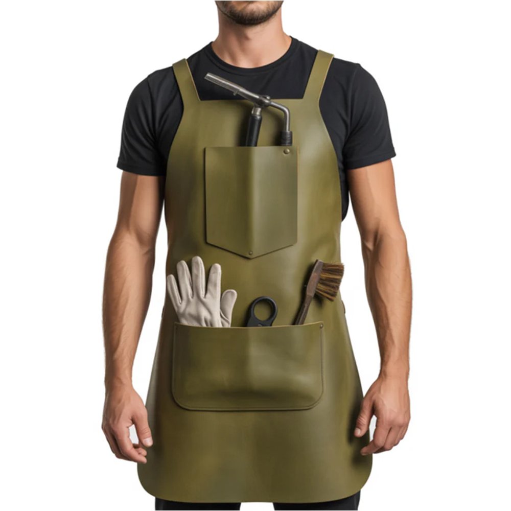 D63 Oliva Militare — Men's Army Olive Military Khaki Green Genuine Smooth Full-Grain Cowhide Leather Heavy-Duty Adjustable Straight Cross-Back Strap Clean Bib Front Large Lower Front Pocket Garden Glove Holder Scissor Slot Brush Loop Hand Tool Pocket Gardener Florist Horticulturist Craftsman Chef Barber Military-Inspired Structured Professional Outdoor Workshop Utility Apron - Image 1