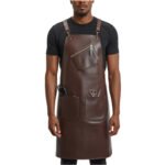 Cioccolato Raffinato — Men's Dark Chocolate Espresso Brown Genuine Smooth Glossy Full-Grain Cowhide Leather Heavy-Duty Adjustable Black Cross-Back Strap Antique Bronze Hardware Clip Diagonal Front Zipper Chest Pocket Right Side Scissor Tool Holder Slot Dual Lower Wide Patch Pocket Clean Structured Design Barber Hairdresser Stylist Tattoo Artist Chef Craftsman Sleek Bold Professional Salon Workshop Utility Apron
