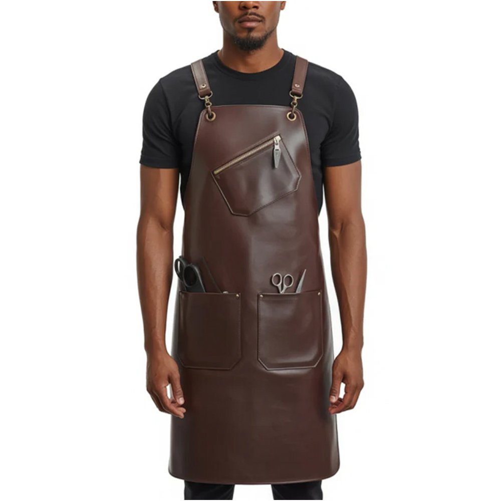 D67 Cioccolato Raffinato — Men's Dark Chocolate Espresso Brown Genuine Smooth Glossy Full-Grain Cowhide Leather Heavy-Duty Adjustable Black Cross-Back Strap Antique Bronze Hardware Clip Diagonal Front Zipper Chest Pocket Right Side Scissor Tool Holder Slot Dual Lower Wide Patch Pocket Clean Structured Design Barber Hairdresser Stylist Tattoo Artist Chef Craftsman Sleek Bold Professional Salon Workshop Utility Apron - Image 1