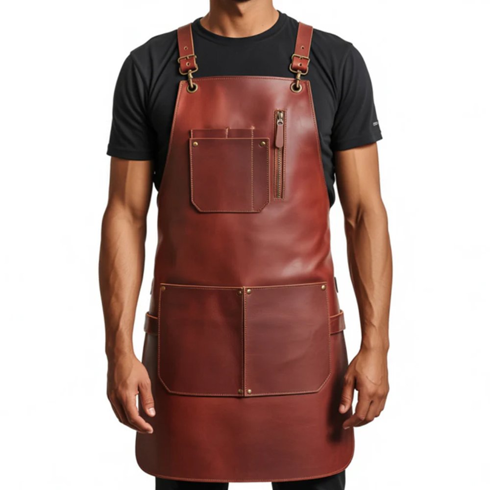 D7 Castagno Bottega — Men's Rich Chestnut Brown Genuine Full-Grain Cowhide Leather Heavy-Duty Adjustable Cross-Back Strap Silver-Tone Clip Buckle Zip Chest Pocket Large Front Pocket Chef Barber Woodworker Craftsman Professional Workshop Utility Apron - Image 1