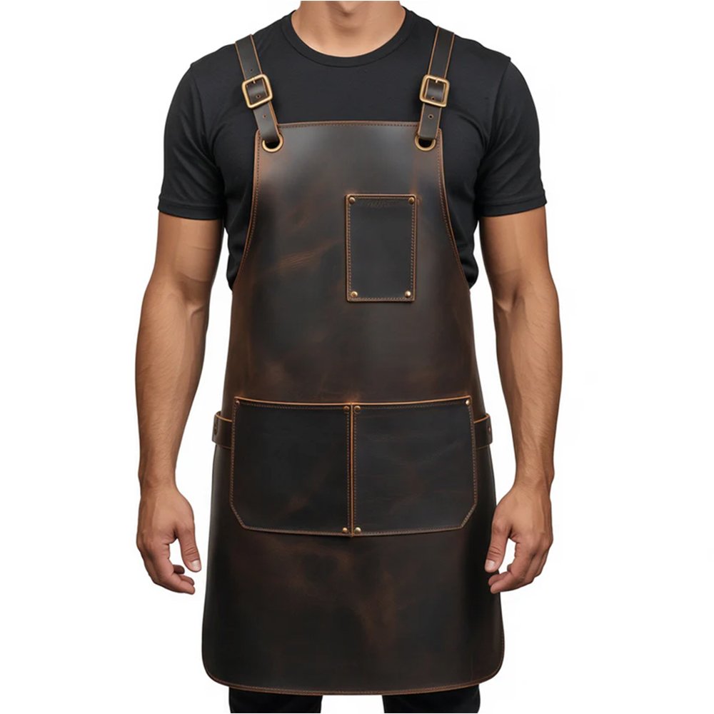 D9 Scuro Artigiano — Men's Dark Espresso Brown Genuine Waxed Full-Grain Cowhide Leather Heavy-Duty Adjustable Cross-Back Strap Antique Brass-Tone Buckle ID Window Pocket Multi-Pocket Chef Barber Blacksmith Craftsman Rugged Workshop Utility Apron - Image 1