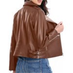 Ferrano — Women's Rich Cognac Brown Genuine Leather Asymmetric Silver-Snap Belted Moto Biker Jacket - Image 3