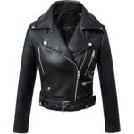 Zorrente — Women's Coal Black Genuine Leather Wide-Lapel Multi-Zip Stud-Belt Cropped Hardcore Biker Jacket