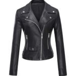 Norrvik — Women's Obsidian Black Genuine Leather Peak-Lapel Silver-Snap Diagonal-Zip Tailored Moto Jacket