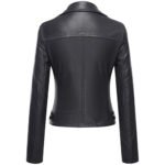 Norrvik — Women's Obsidian Black Genuine Leather Peak-Lapel Silver-Snap Diagonal-Zip Tailored Moto Jacket - Image 2
