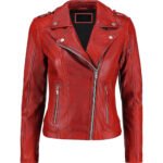 Scarletto — Women's Fiery Crimson Red Genuine Leather Epaulette-Shoulder Asymmetric-Zip Slim-Cut Urban Rider Jacket