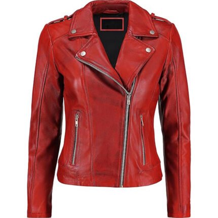 Scarletto — Women's Fiery Crimson Red Genuine Leather Epaulette-Shoulder Asymmetric-Zip Slim-Cut Urban Rider Jacket