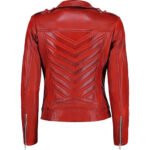 Scarletto — Women's Fiery Crimson Red Genuine Leather Epaulette-Shoulder Asymmetric-Zip Slim-Cut Urban Rider Jacket - Image 3