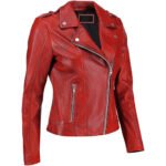 Scarletto — Women's Fiery Crimson Red Genuine Leather Epaulette-Shoulder Asymmetric-Zip Slim-Cut Urban Rider Jacket - Image 2