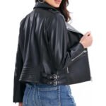 Ferrano — Women's Sleek Midnight Black Genuine Leather Asymmetric Zip Moto Biker Jacket - Image 2