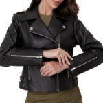 Marvello — Women's Bold Jet Black Genuine Leather Asymmetric Silver-Zip Belted Moto Biker Jacket