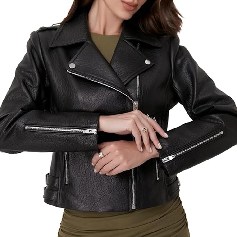 F5 Marvello — Women's Bold Jet Black Genuine Leather Asymmetric Silver-Zip Belted Moto Biker Jacket - Image 1