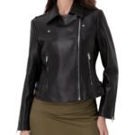Marvello — Women's Bold Jet Black Genuine Leather Asymmetric Silver-Zip Belted Moto Biker Jacket - Image 2