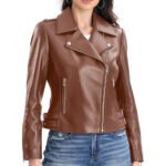 Ferrano — Women's Rich Cognac Brown Genuine Leather Asymmetric Silver-Snap Belted Moto Biker Jacket