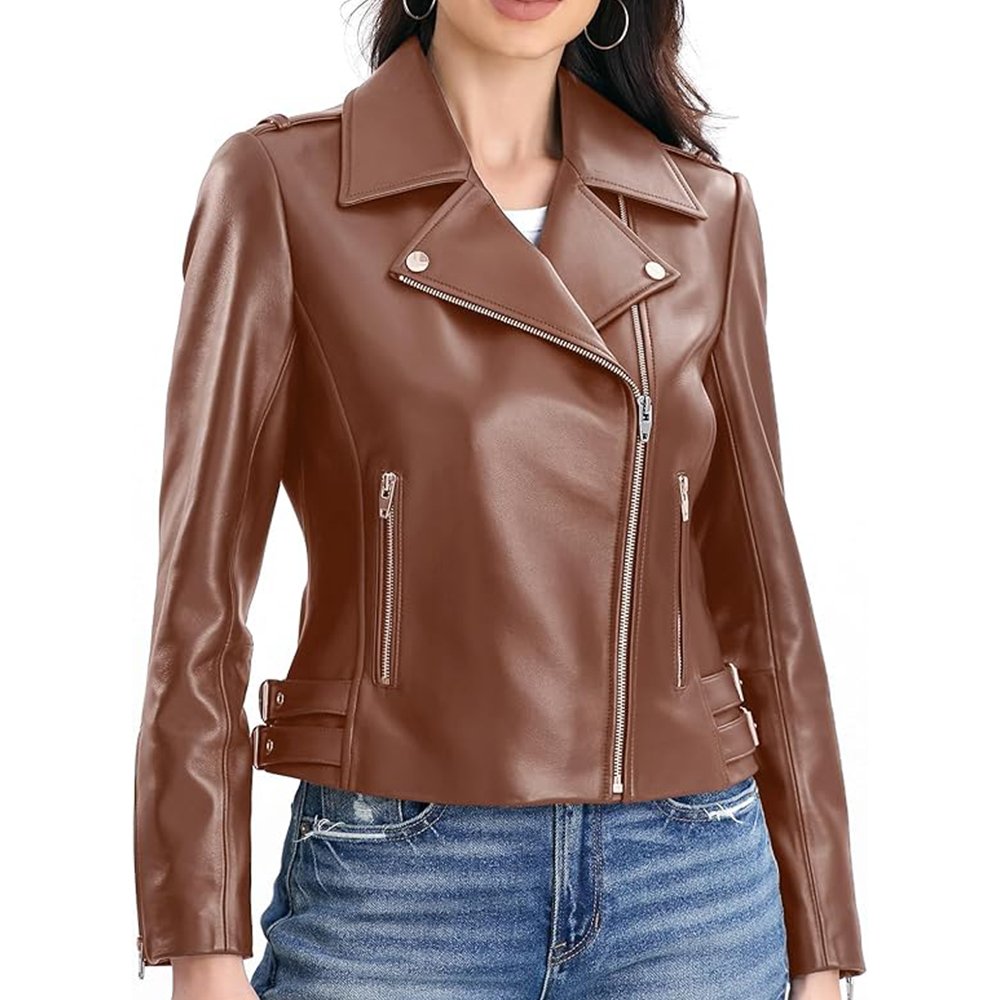 F8 Ferrano — Women's Rich Cognac Brown Genuine Leather Asymmetric Silver-Snap Belted Moto Biker Jacket - Image 1