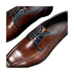 Emanuele — Men's Tan Brown Leather Square-Toe Lace-Up Oxford Dress Shoes with Navy Blue Contrast Laces & Black Trim Detail - Image 2